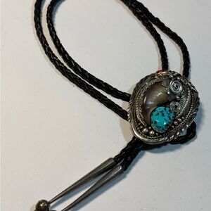 Vtg Spencer Sterling Silver Bear Claw Turquoise, Coral Southwestern Bolo Tie